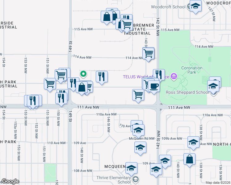 map of restaurants, bars, coffee shops, grocery stores, and more near 5 112 Avenue Northwest in Edmonton