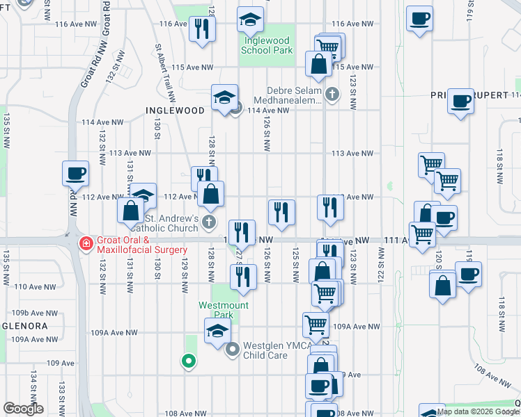 map of restaurants, bars, coffee shops, grocery stores, and more near 11144 126 Street Northwest in Edmonton