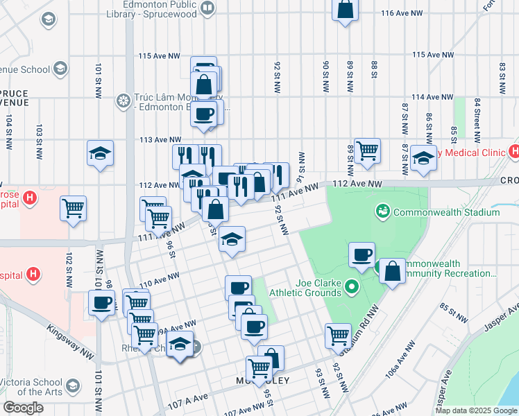 map of restaurants, bars, coffee shops, grocery stores, and more near in Edmonton