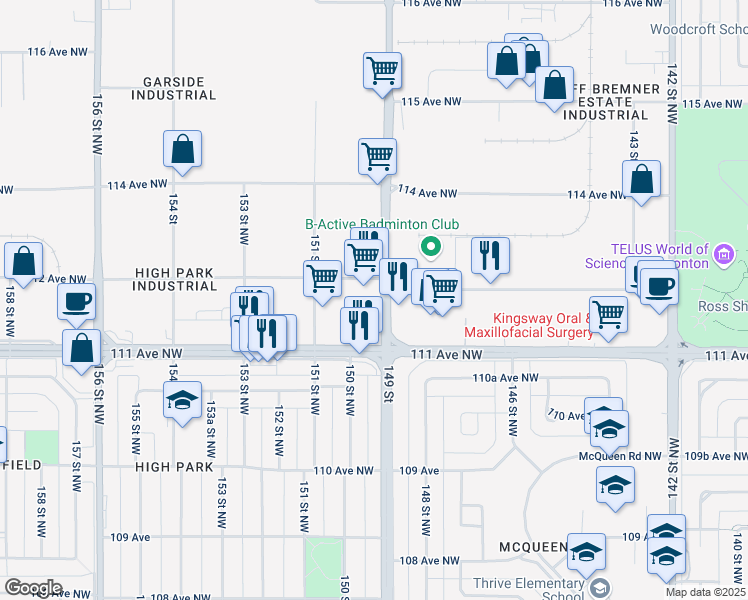 map of restaurants, bars, coffee shops, grocery stores, and more near 11150 149 Street in Edmonton