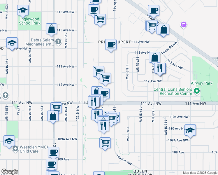 map of restaurants, bars, coffee shops, grocery stores, and more near in Edmonton