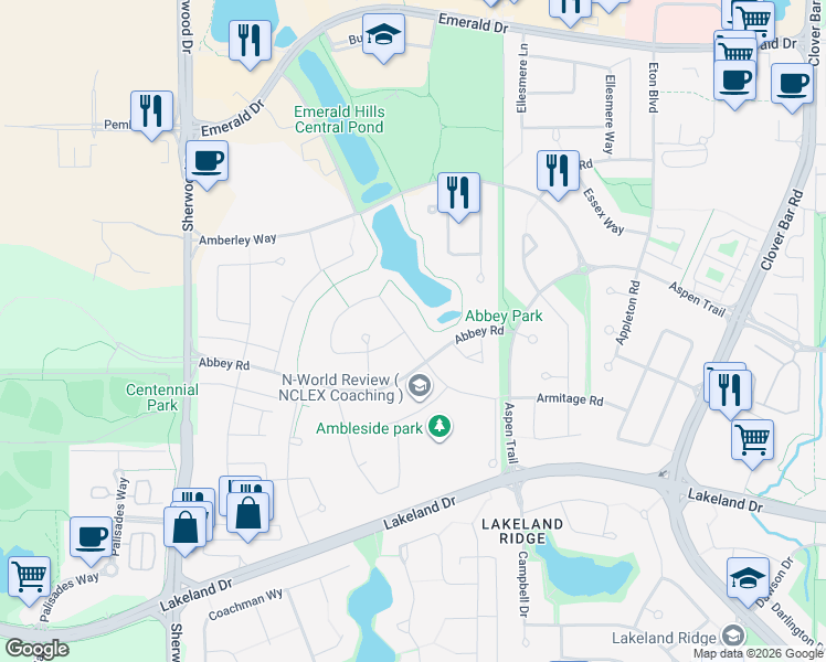 map of restaurants, bars, coffee shops, grocery stores, and more near 27 Aberdeen Crescent in Sherwood Park