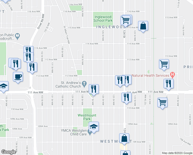 map of restaurants, bars, coffee shops, grocery stores, and more near 11147 127 Street Northwest in Edmonton
