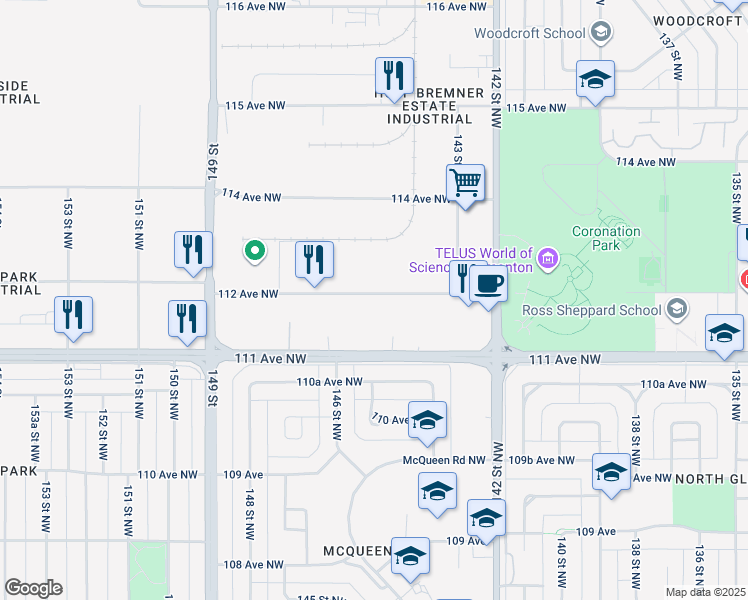 map of restaurants, bars, coffee shops, grocery stores, and more near 5 112 Avenue Northwest in Edmonton