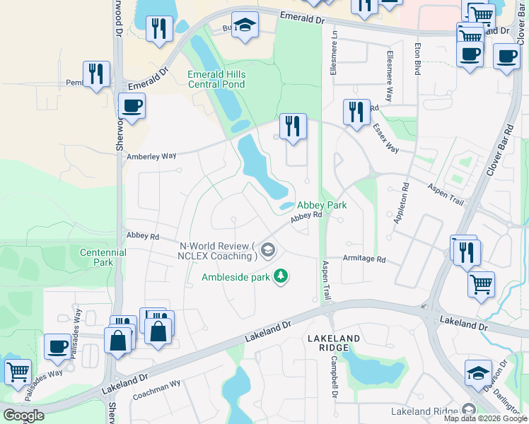 map of restaurants, bars, coffee shops, grocery stores, and more near 27 Aberdeen Crescent in Sherwood Park