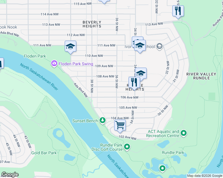 map of restaurants, bars, coffee shops, grocery stores, and more near 3609 107 Avenue in Edmonton