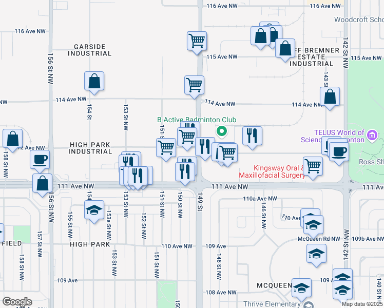 map of restaurants, bars, coffee shops, grocery stores, and more near 11150 149 Street in Edmonton