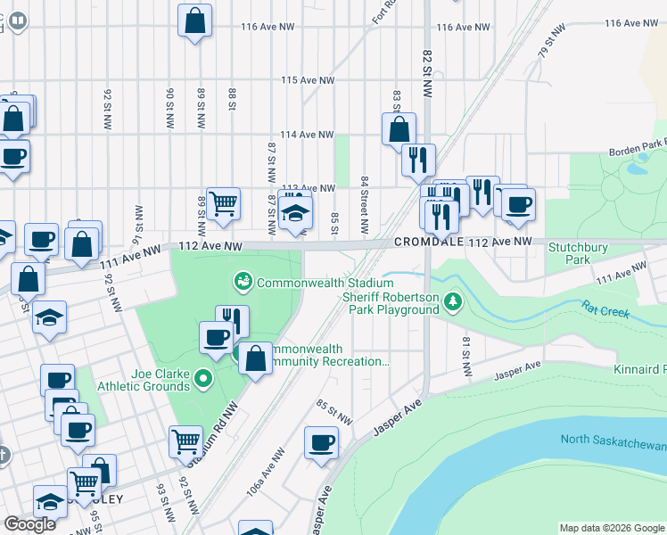 map of restaurants, bars, coffee shops, grocery stores, and more near 11113 Stadium Road Northwest in Edmonton