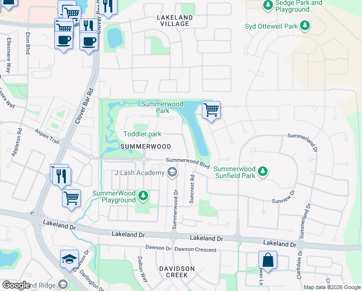 map of restaurants, bars, coffee shops, grocery stores, and more near 77 Summercourt Road in Sherwood Park