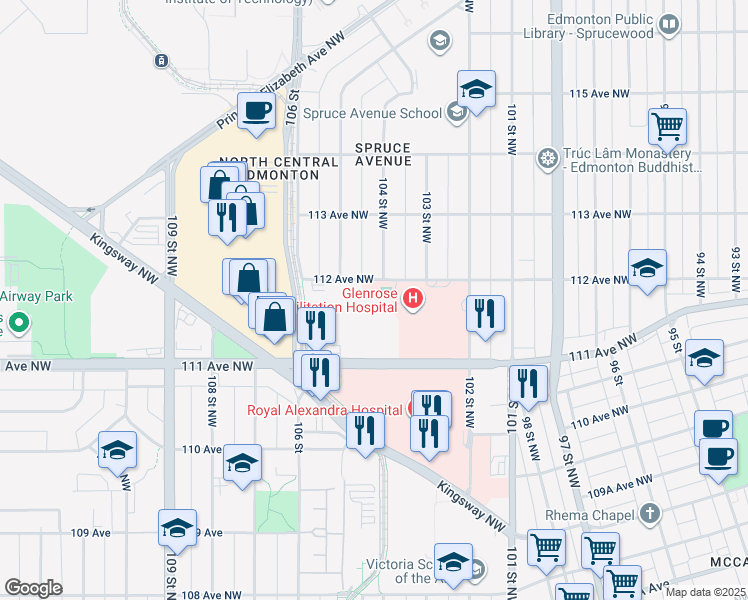 map of restaurants, bars, coffee shops, grocery stores, and more near 10410 111 Avenue Northwest in Edmonton