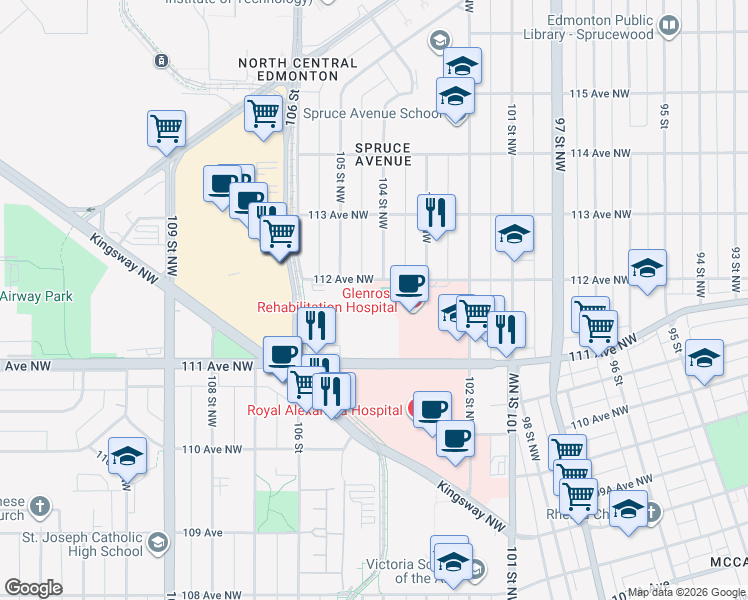 map of restaurants, bars, coffee shops, grocery stores, and more near 10410 111 Avenue Northwest in Edmonton