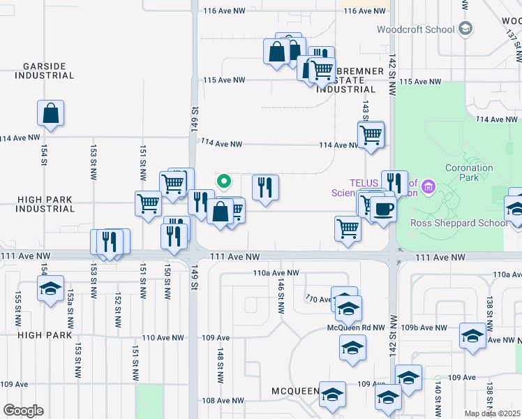 map of restaurants, bars, coffee shops, grocery stores, and more near 14646 112 Avenue Northwest in Edmonton