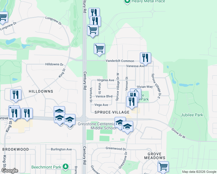 map of restaurants, bars, coffee shops, grocery stores, and more near 22 Virginia Loop in Spruce Grove
