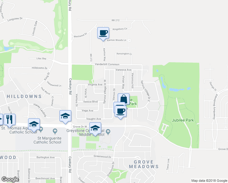 map of restaurants, bars, coffee shops, grocery stores, and more near Vernon Street in Spruce Grove