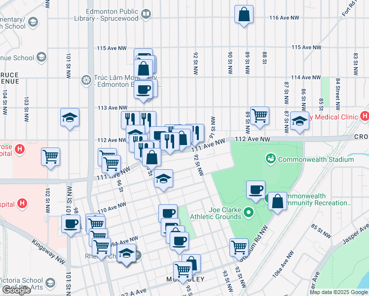 map of restaurants, bars, coffee shops, grocery stores, and more near in Edmonton