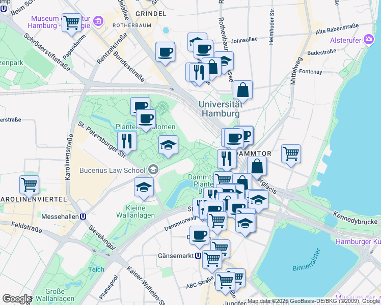 map of restaurants, bars, coffee shops, grocery stores, and more near Marseiller Straße in Hamburg