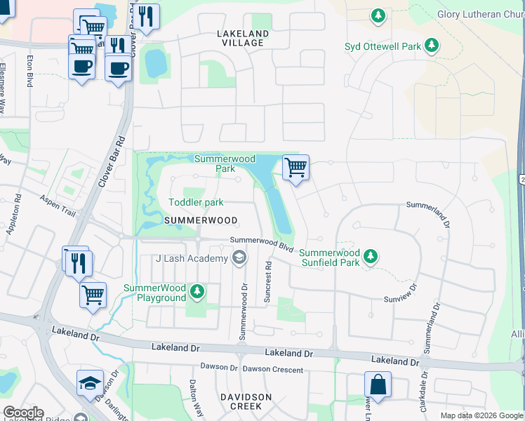 map of restaurants, bars, coffee shops, grocery stores, and more near 77 Summercourt Road in Sherwood Park