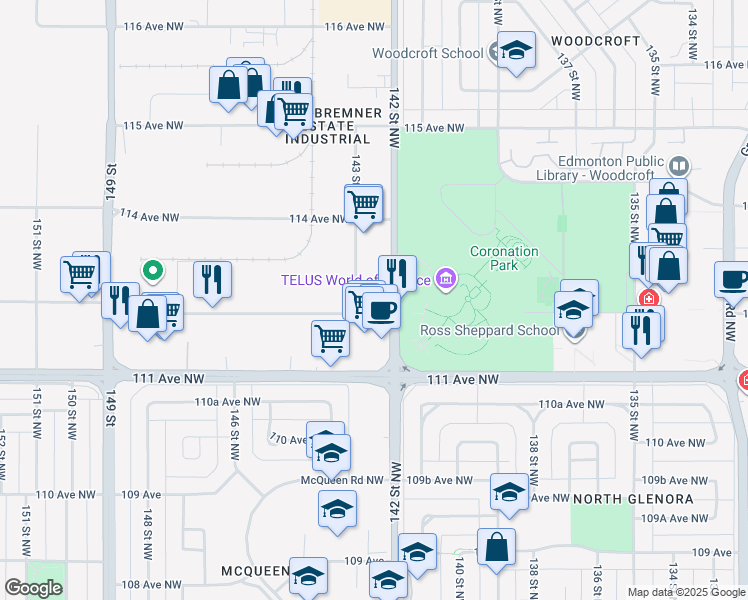 map of restaurants, bars, coffee shops, grocery stores, and more near 14220 112 Avenue Northwest in Edmonton
