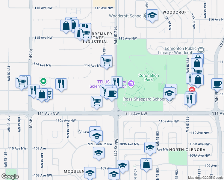 map of restaurants, bars, coffee shops, grocery stores, and more near 14220 112 Avenue Northwest in Edmonton