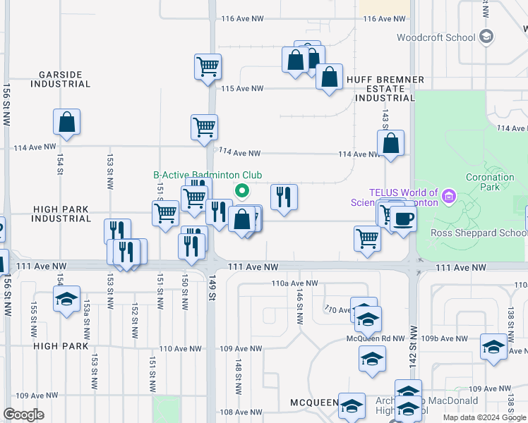 map of restaurants, bars, coffee shops, grocery stores, and more near 14710 112 Avenue Northwest in Edmonton