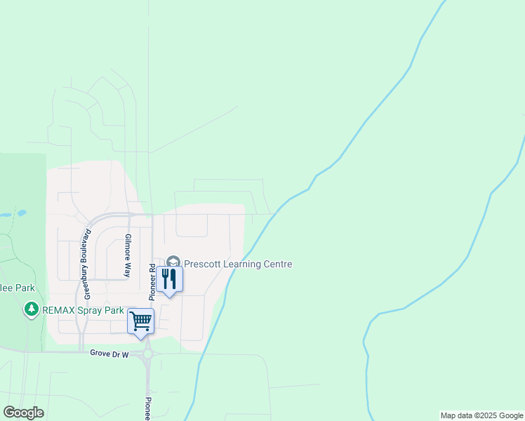 map of restaurants, bars, coffee shops, grocery stores, and more near Prescott Boulevard in Spruce Grove
