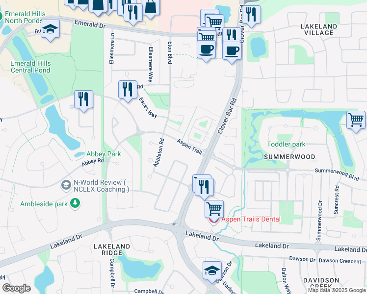 map of restaurants, bars, coffee shops, grocery stores, and more near 2333 Aspen Trail in Sherwood Park
