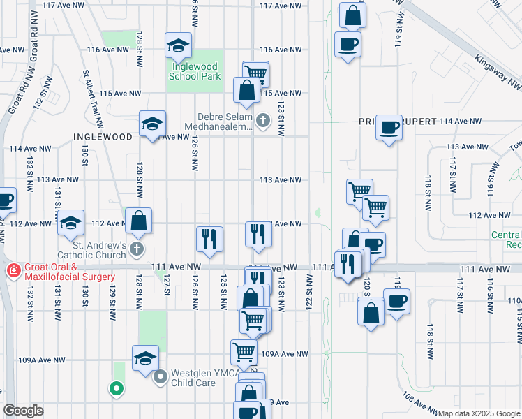 map of restaurants, bars, coffee shops, grocery stores, and more near in Edmonton