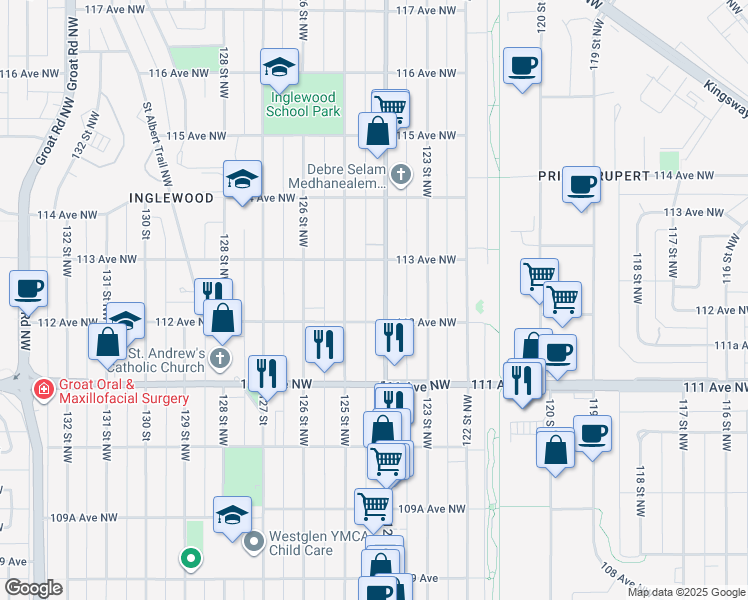 map of restaurants, bars, coffee shops, grocery stores, and more near 11218 124 Street in Edmonton