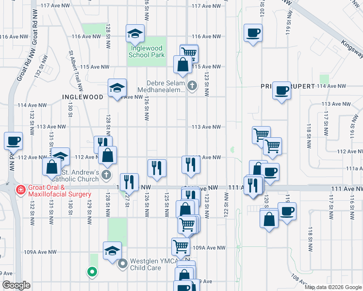 map of restaurants, bars, coffee shops, grocery stores, and more near 11218 124 Street Northwest in Edmonton