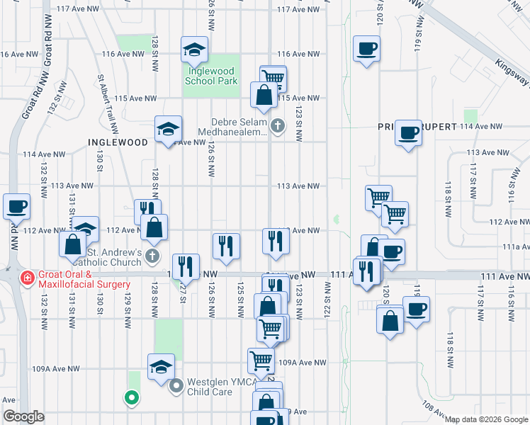 map of restaurants, bars, coffee shops, grocery stores, and more near 11218 124 Street Northwest in Edmonton