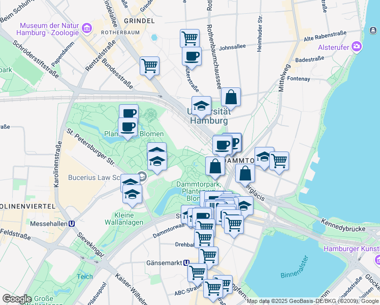 map of restaurants, bars, coffee shops, grocery stores, and more near Marseiller Straße in Hamburg