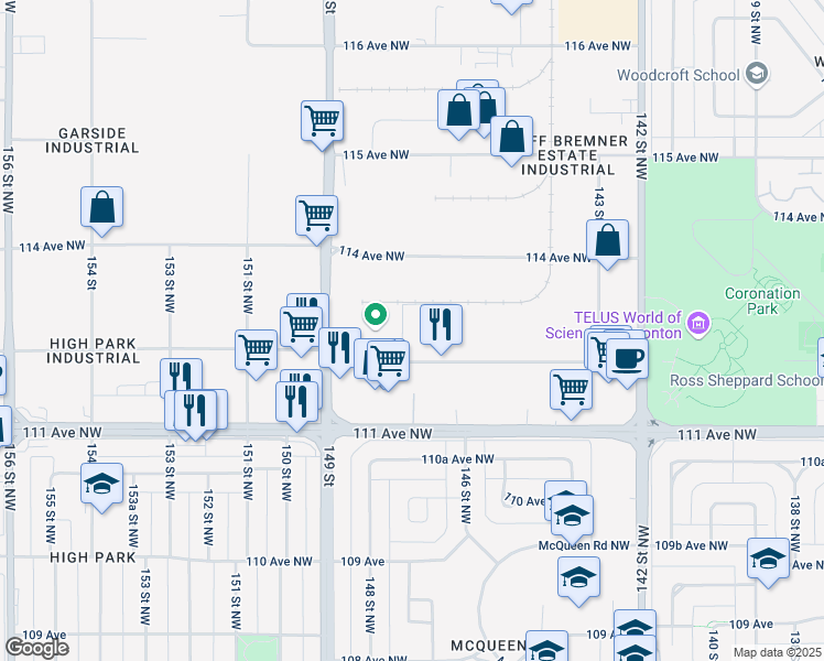 map of restaurants, bars, coffee shops, grocery stores, and more near 14710 112 Avenue Northwest in Edmonton