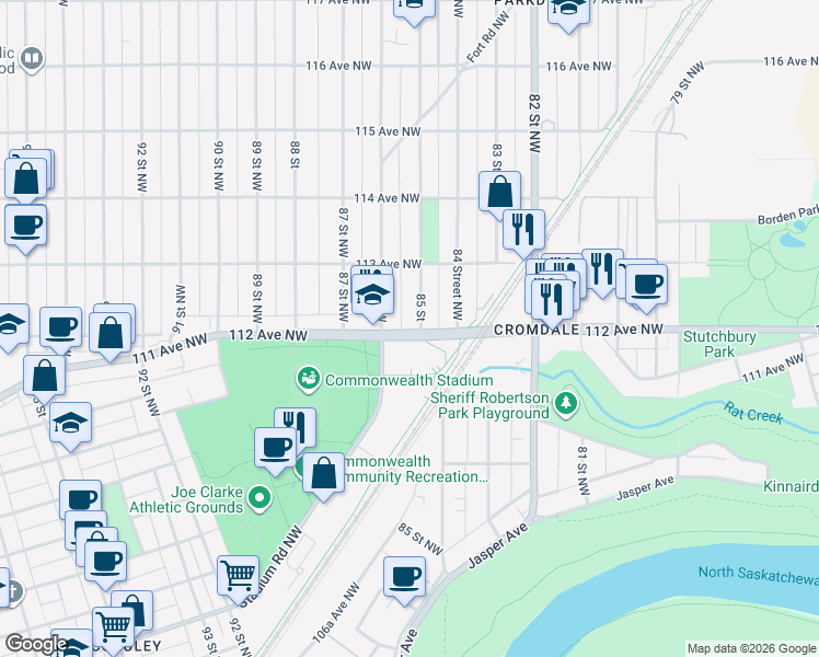 map of restaurants, bars, coffee shops, grocery stores, and more near 11113 Stadium Road Northwest in Edmonton