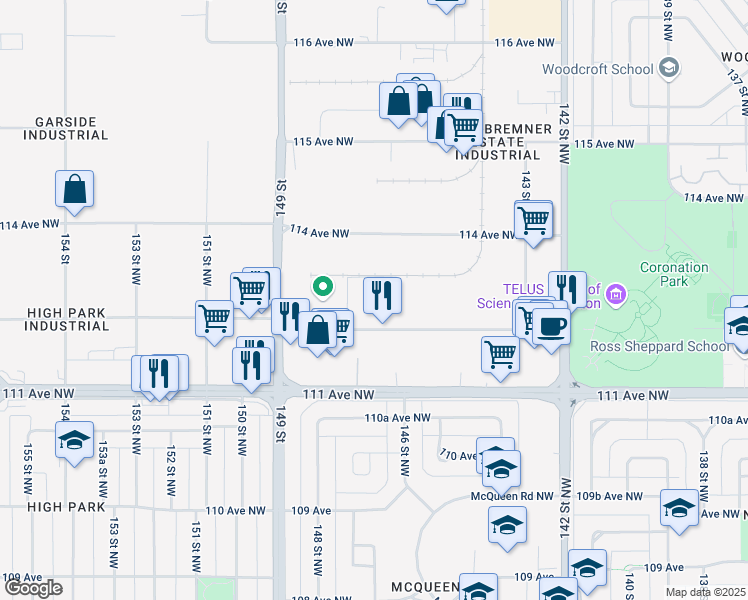 map of restaurants, bars, coffee shops, grocery stores, and more near 14646 112 Avenue Northwest in Edmonton