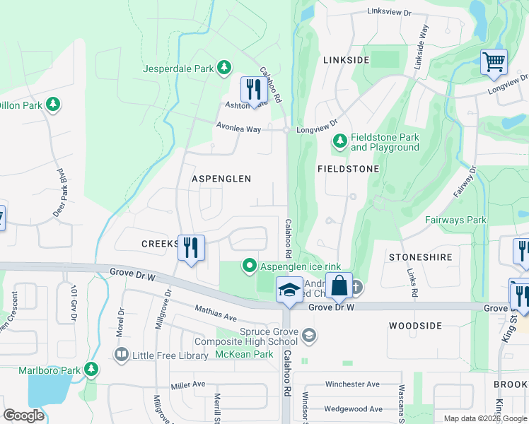 map of restaurants, bars, coffee shops, grocery stores, and more near 1005 Calahoo Road in Spruce Grove
