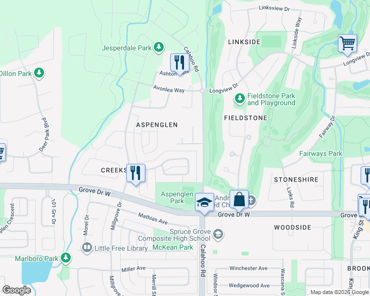 map of restaurants, bars, coffee shops, grocery stores, and more near 1005 Calahoo Road in Spruce Grove