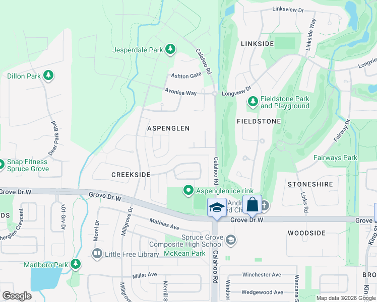 map of restaurants, bars, coffee shops, grocery stores, and more near 51 Aspenglen Place in Spruce Grove