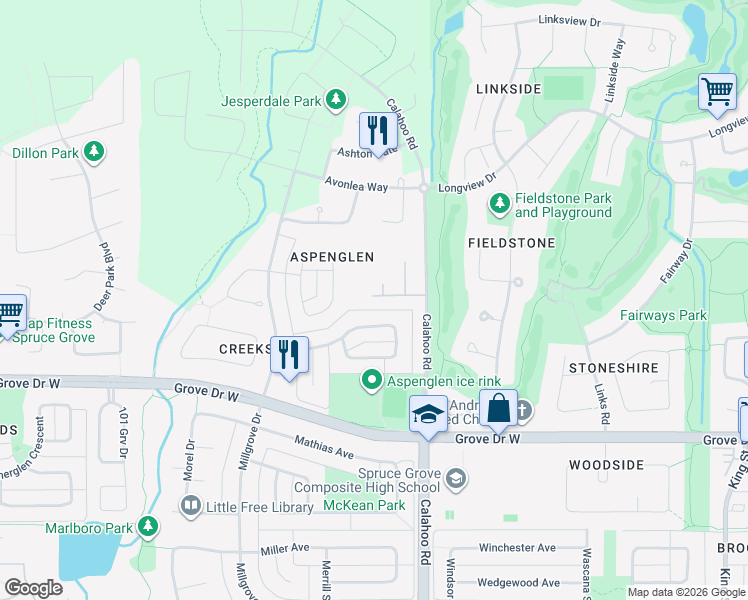 map of restaurants, bars, coffee shops, grocery stores, and more near 1005 Calahoo Road in Spruce Grove
