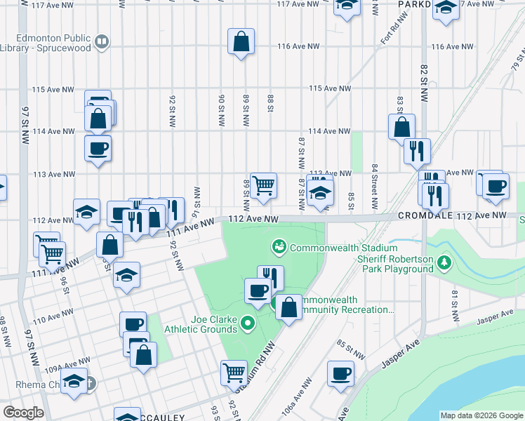 map of restaurants, bars, coffee shops, grocery stores, and more near 11237 88 Street Northwest in Edmonton