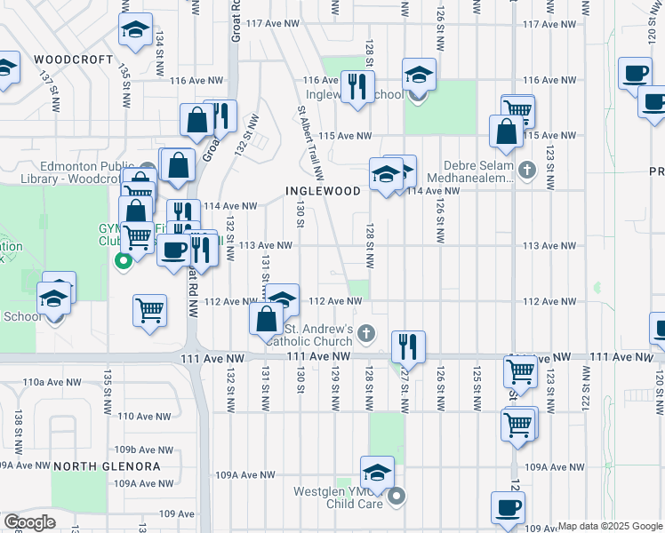 map of restaurants, bars, coffee shops, grocery stores, and more near in Edmonton