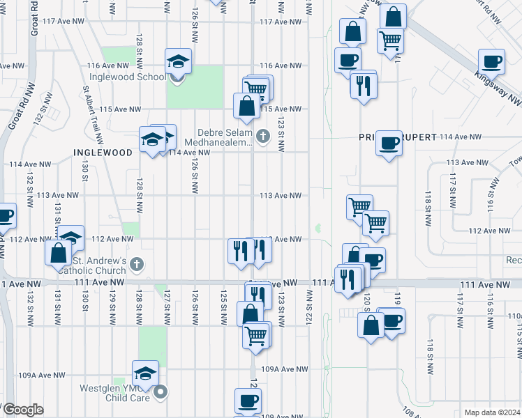 map of restaurants, bars, coffee shops, grocery stores, and more near 12305 113 Avenue Northwest in Edmonton