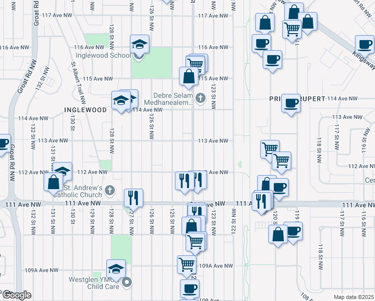 map of restaurants, bars, coffee shops, grocery stores, and more near in Edmonton