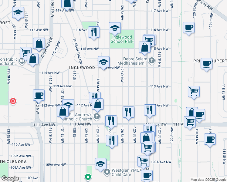 map of restaurants, bars, coffee shops, grocery stores, and more near 11305 127 Street Northwest in Edmonton