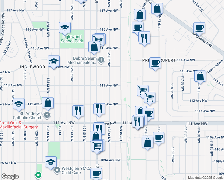 map of restaurants, bars, coffee shops, grocery stores, and more near 11249 123 Street Northwest in Edmonton