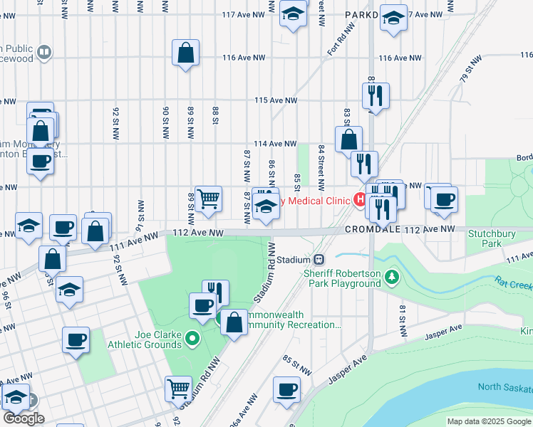 map of restaurants, bars, coffee shops, grocery stores, and more near 11228 86 Street Northwest in Edmonton