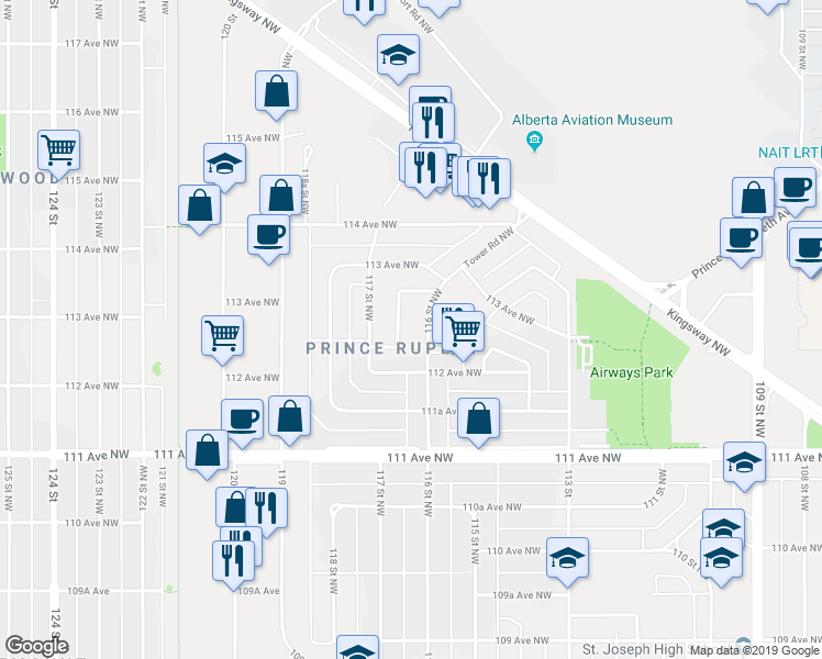 map of restaurants, bars, coffee shops, grocery stores, and more near 11234 116 Street Northwest in Edmonton
