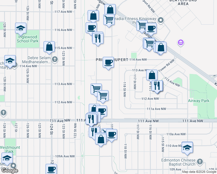 map of restaurants, bars, coffee shops, grocery stores, and more near 11240 119 Street Northwest in Edmonton