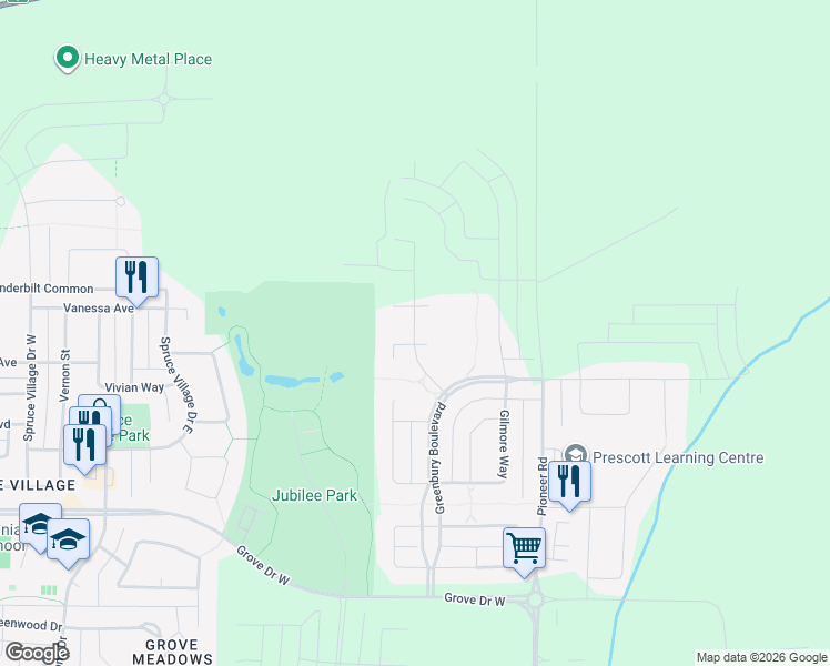 map of restaurants, bars, coffee shops, grocery stores, and more near George Street in Spruce Grove