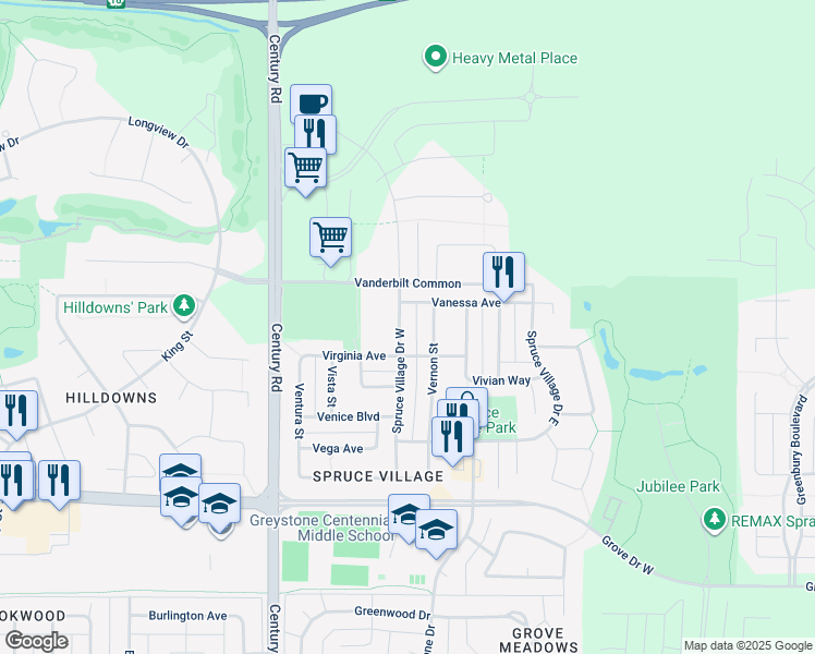 map of restaurants, bars, coffee shops, grocery stores, and more near 80 Spruce Village Drive West in Spruce Grove
