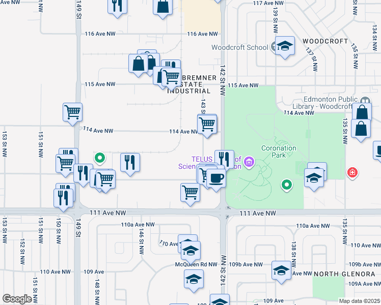 map of restaurants, bars, coffee shops, grocery stores, and more near 11314 143 Street Northwest in Edmonton